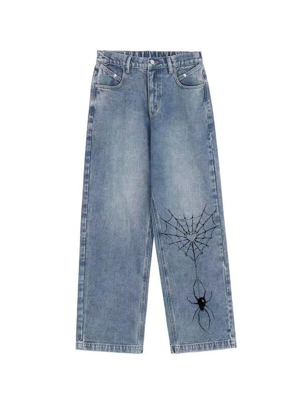 Spider Print Vintage Blue Wide Leg Boyfriend Jeans