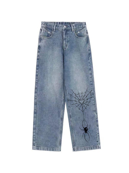 Spider Print Vintage Blue Wide Leg Boyfriend Jeans