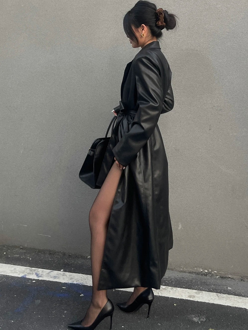 V-Neck Lace-Up Leather Long Coat