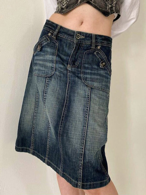 Distressed Washed Slim Straight A Line Denim skirt