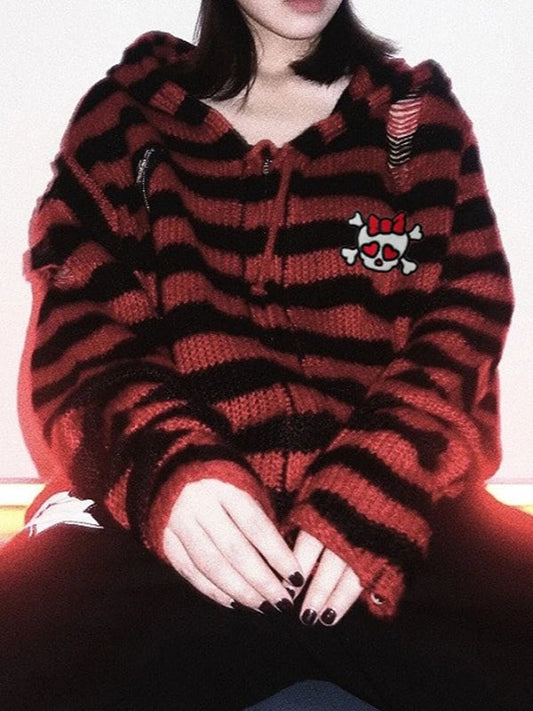 Harajuku Gothic Skull Striped Knitted Zipper Hoodie