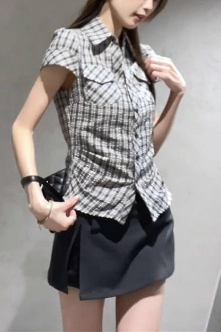 Slim Fit Plaid Short Sleeve Blouse