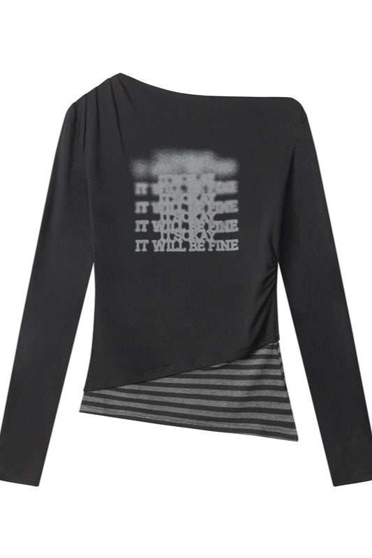Virtual Patchwork Off Shoulder Asymmetric T-shirt
