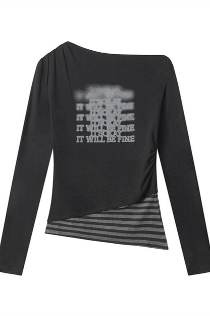 Virtual Patchwork Off Shoulder Asymmetric T-shirt