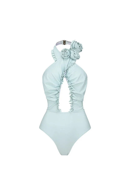Traje de baño sin espalda y cuello halter con conjunto floral 3D