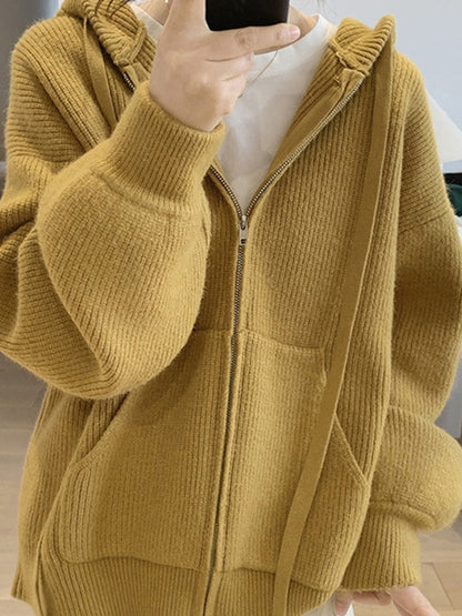 Solid Hooded Zip Up Knit Cardigan
