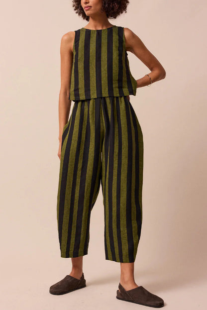 Striped Printed Crew Neck Sleeveless Top and Elastic Waist Wide-leg Pants Set