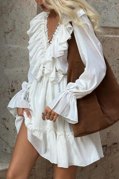 Solid Color V-neck Ruffled Ruched Long-sleeved Vacation Mini Dress