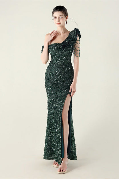Draped One Shoulder Ruffle Formal Dress