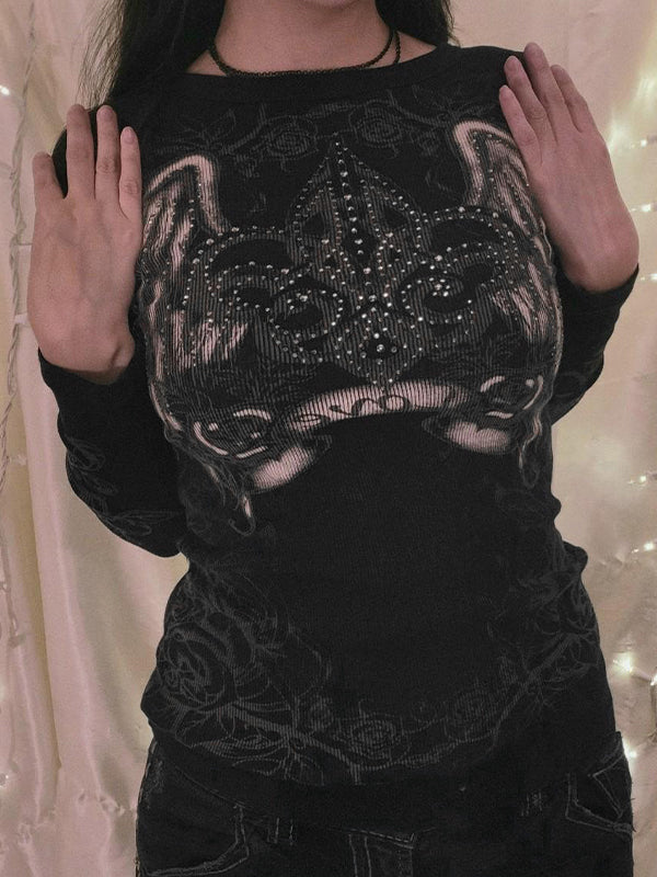Rhinestone Floral Print Oversized Long Sleeve Tee