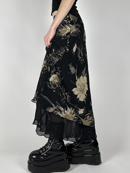 European And American Style Retro Tie-Dye Floral Print Mesh Maxi Skirts