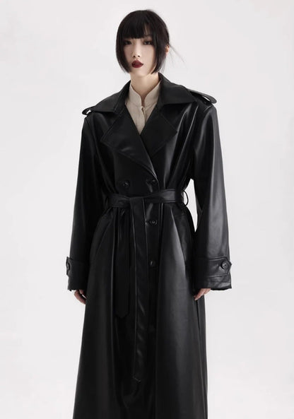Long Black Soft Leather Long Coat