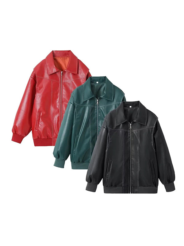Loose long sleeve vintage leather jacket