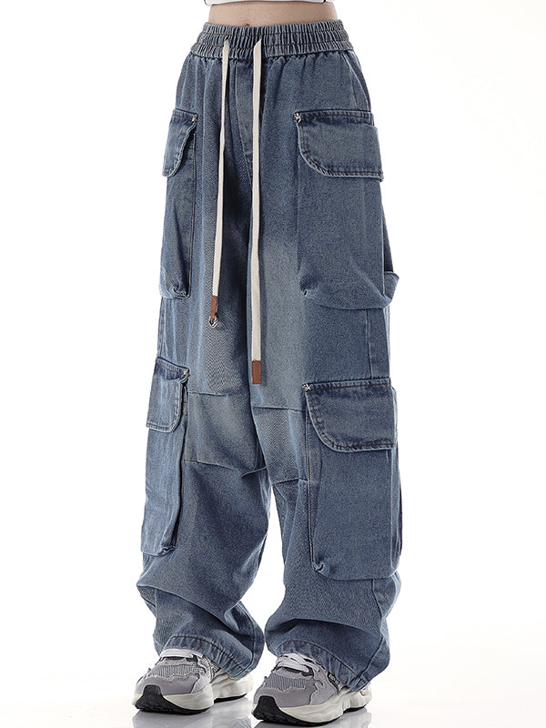 Loose versatile drawstring straight Cargo Jeans