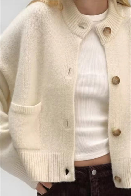 Solid Crew Neck Loose Cardigan