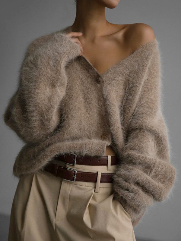 Fuzzy V Neck Loose Cardigan Sweater