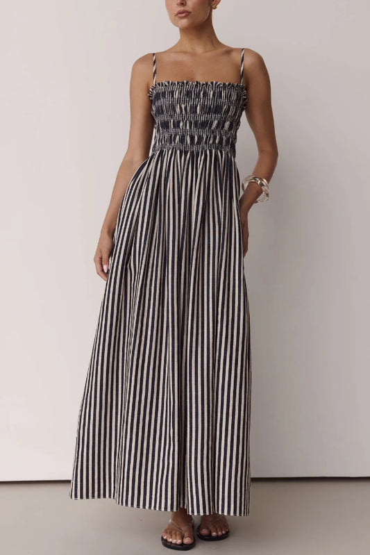 Striped Print Spaghetti Strap Pleated Pocket Casual Vacation Maxi Dress