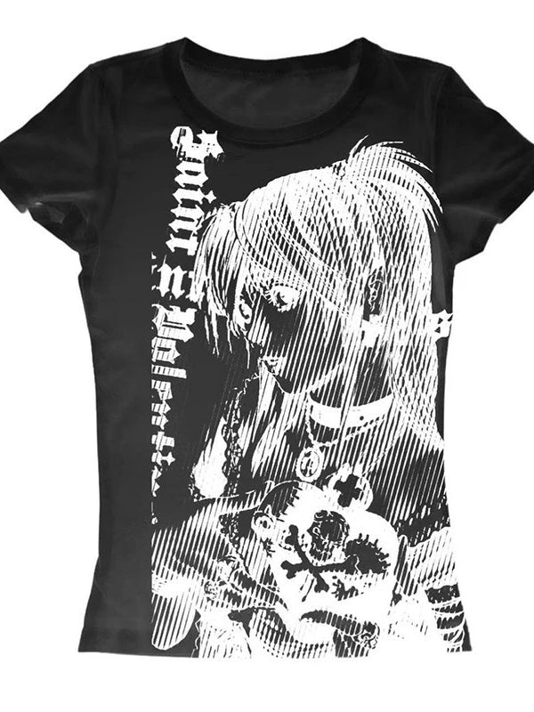 Gothic Anime Print Cropped Short Sleeve T-shirt