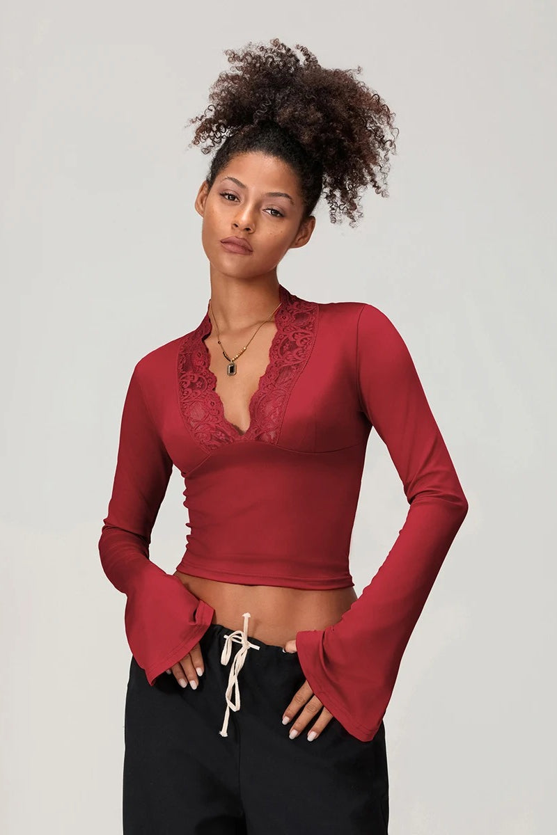 Slim Deep V Bell Sleeve Lace Trim Knit Top