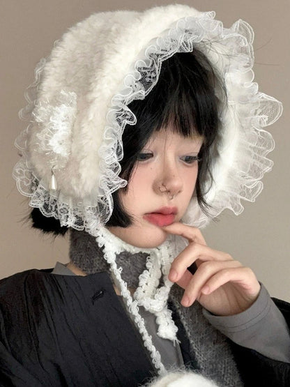 Y2K Japanese Lace Edge Warm Ear Protection Winter Hat
