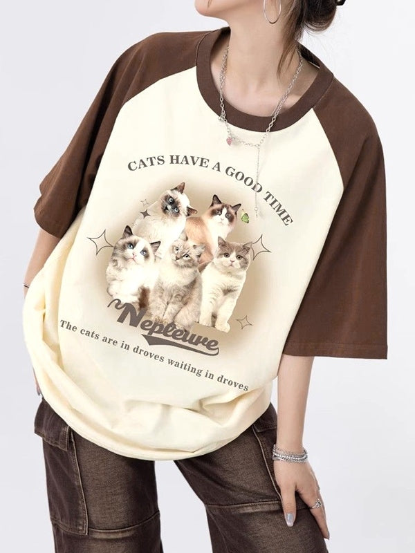 Vintage Cat Print Raglan Oversized Short Sleeve Tee