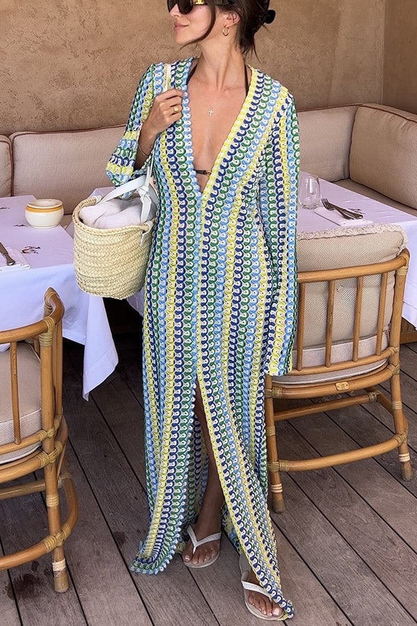 Elegant women's cardigan beach knitted colorful wave print long sleeved vacation dress