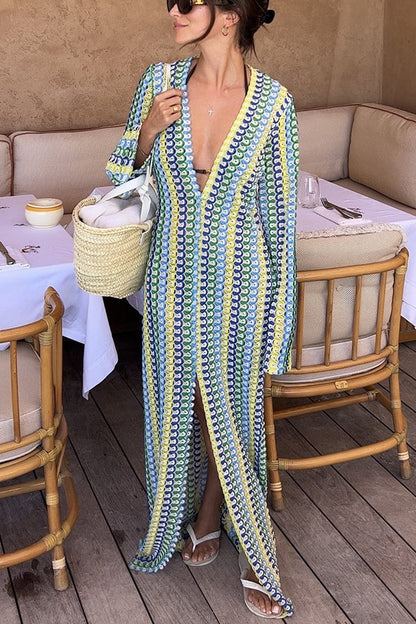 Elegant women's cardigan beach knitted colorful wave print long sleeved vacation dress