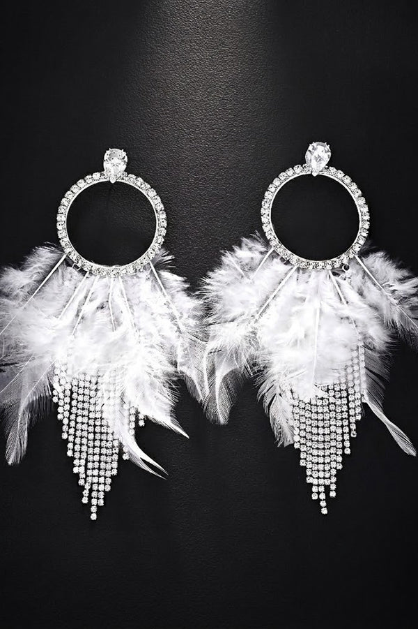 Rhinestone and Feather Tassel Earrings