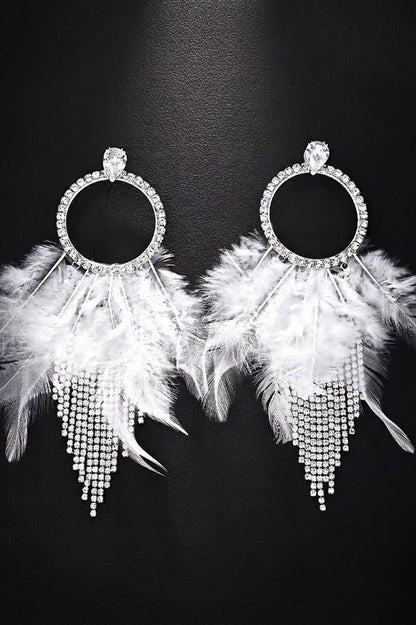 Rhinestone and Feather Tassel Earrings