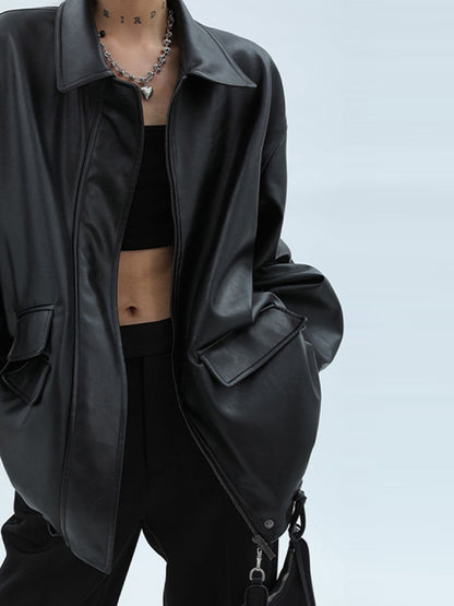 Vintage Lapel Neck Zip Up Motorcycle Leather Jacket