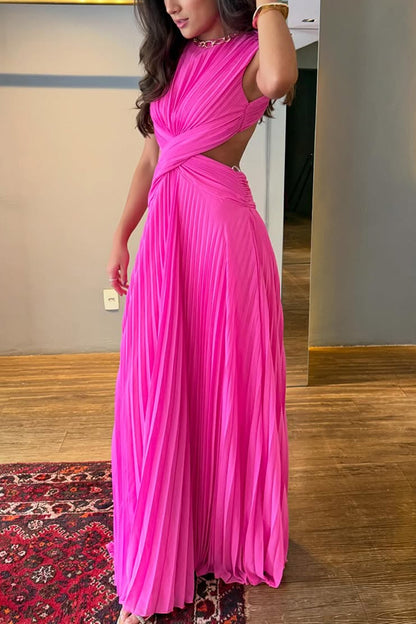 Tamia Pleated Chiffon Fabric Crossover Cutout Waist Open Back Maxi Dress