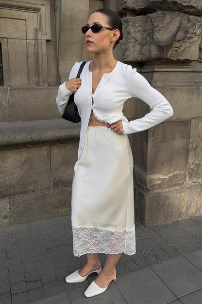 Lace Insert Solid Color Satin Skirt
