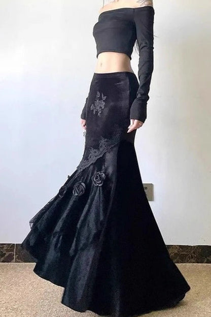 Gothic Embroidered Black Velvet Mermaid Skirt
