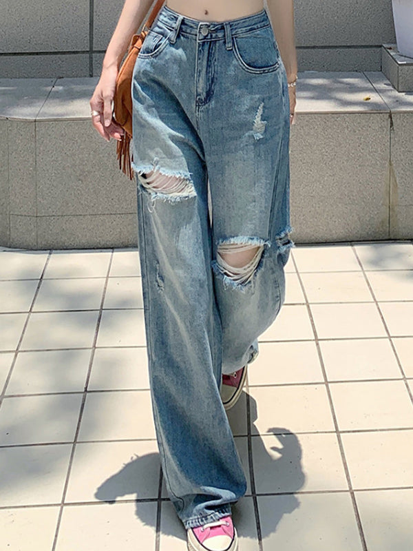 Vintage Wash Loose Ripped Jeans