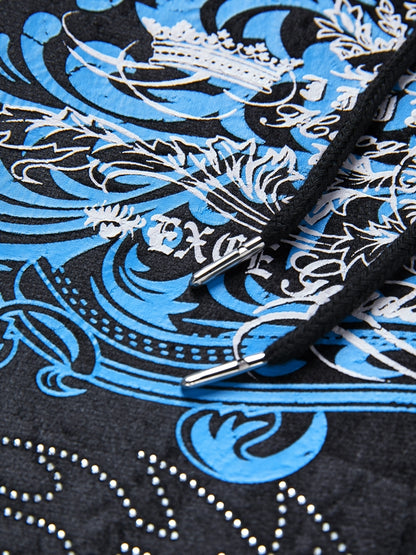 Grunge Rhinestone Print Zip Up Hoodie