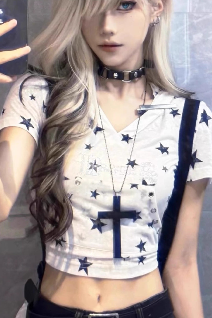Punk Star Print Slim V-neck Hooded Crop Top