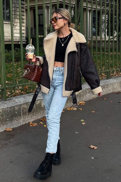 Multi-Zip Faux Shearling Longline Jacket