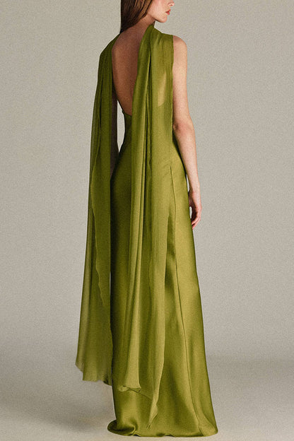Elegant and Refined Satin Detachable Scarf-style Halter Maxi Dress