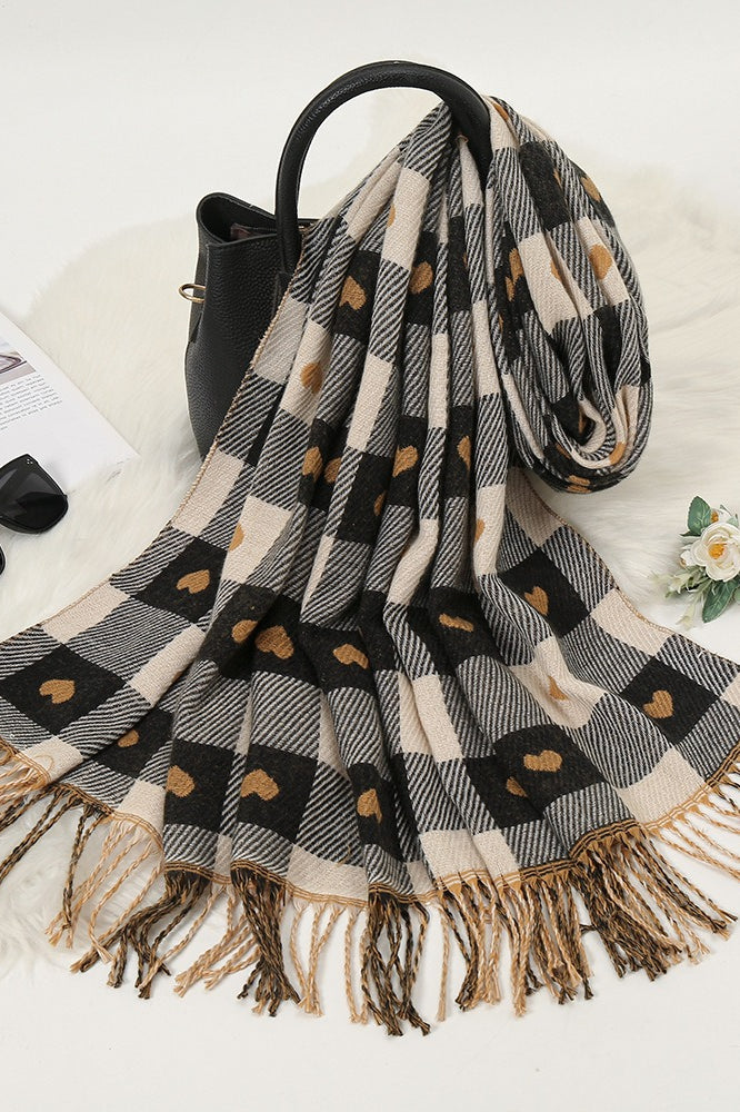 Faux Cashmere Double-Sided Heart Plaid Fringed Scarf