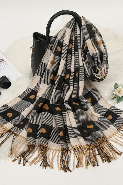 Faux Cashmere Double-Sided Heart Plaid Fringed Scarf