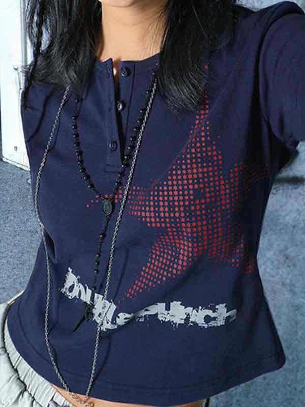 Vintage Print Button Long Sleeve Tee
