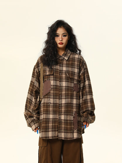 Oversized Distressed Plaid Flannel Shirt with Intentional Patches