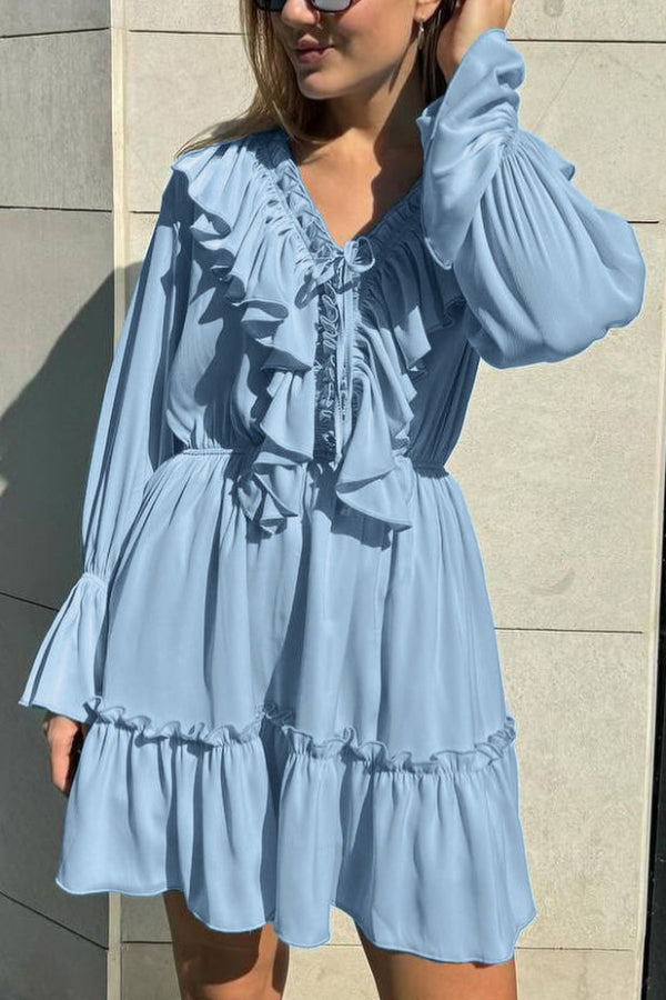 Solid Color V-neck Ruffled Ruched Long-sleeved Vacation Mini Dress