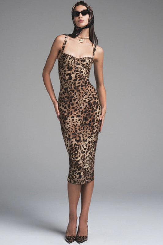 Leopard Print Bodycon Spaghetti Midi Dress