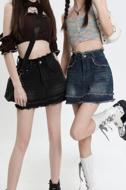 High Waist A-Line Denim Mini Skirt