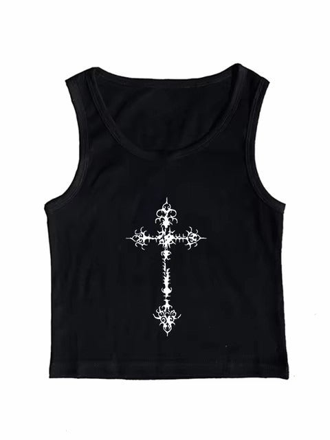 Gothic Cross Print Lace Trim Crop Top