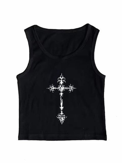 Gothic Cross Print Lace Trim Crop Top