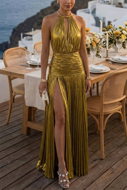 Faelina Metallic Pleated Fabric Metal Rings Halter Backless Slit Maxi Dress