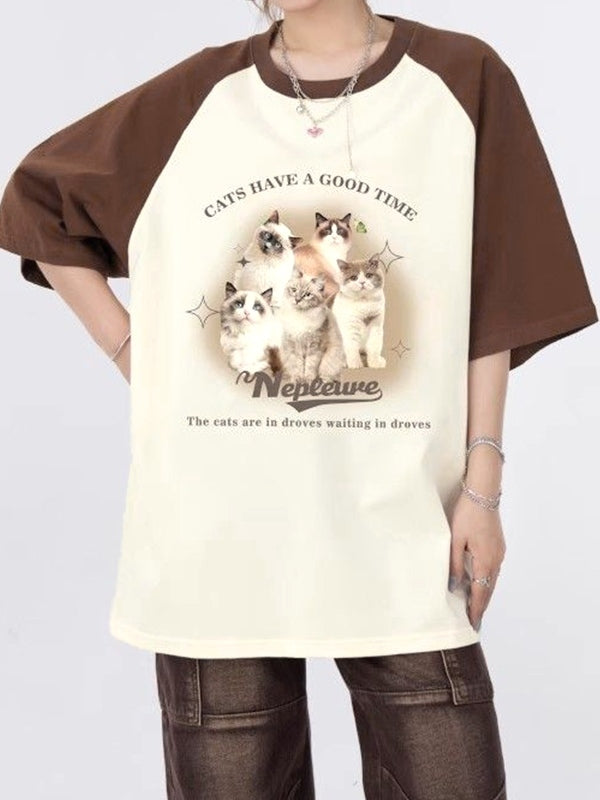 Vintage Cat Print Raglan Oversized Short Sleeve Tee