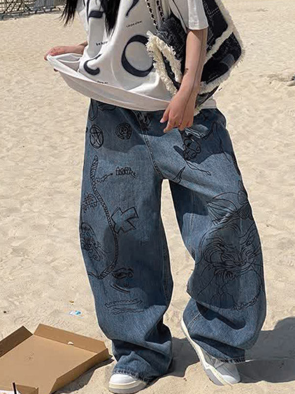 Interesting Graffiti Print Loose Boyfriend Jeans